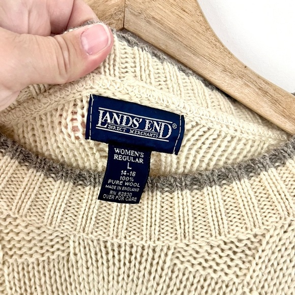 Lands End Vintage Cream Chunky Cable knit  Grey Snowflake Grandpa Sweater Large - Picture 7 of 10